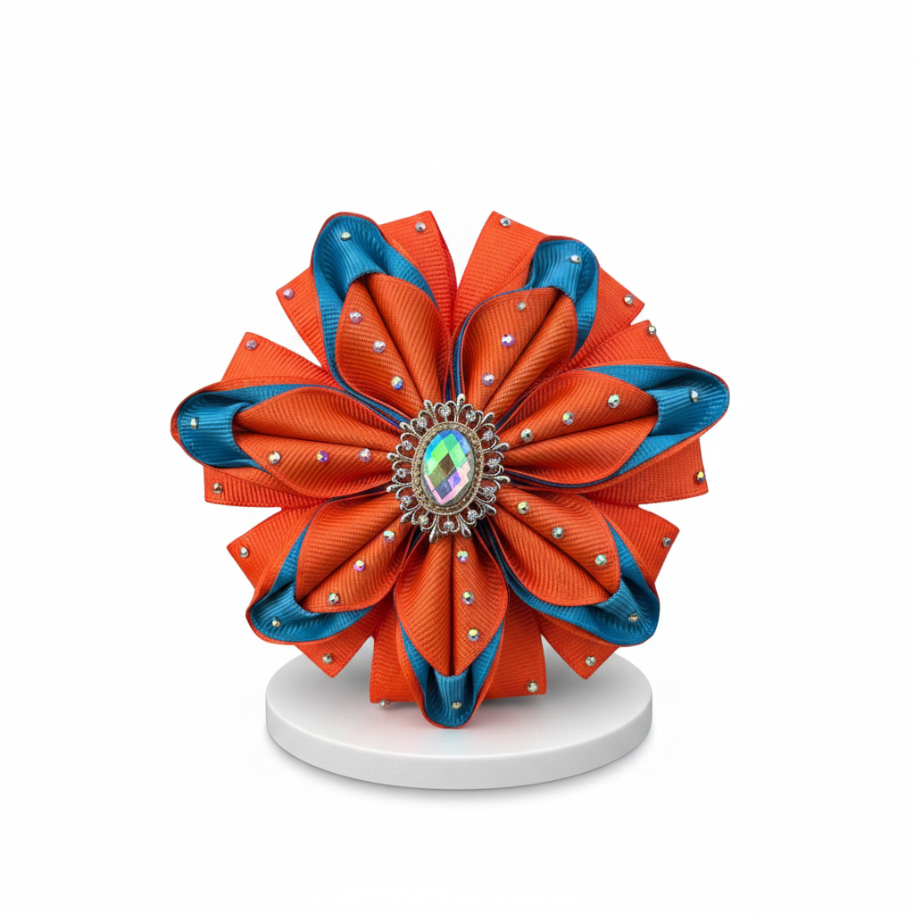 Orange kanzashi front - white pedestal