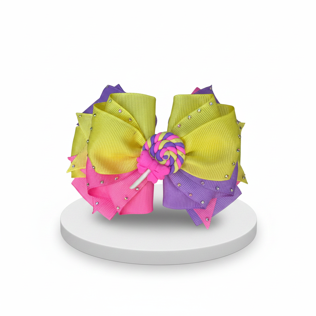 Yellow pink lavender lollipop bow front - white pedestal